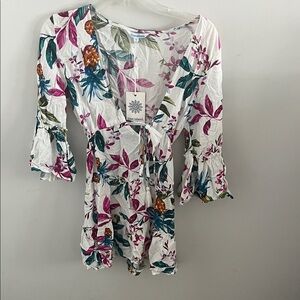 Blue Island Floral Romper with Ruffled Sleeves